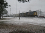 CSX Q615 blocks Orchard Hill Road as it works a set out of plastic pellet cars in LaGrange during the snow storm